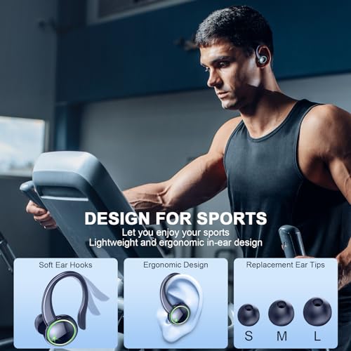 Wireless Earbuds, Bluetooth 5.4 Headphones with 4 ENC Noise Canceling Mic, 50H Playtime Stereo Wireless Earphones with LED Display, Over Ear Buds with Earhooks, IP7 Waterproof for Sport, Deep Blue