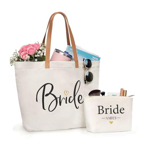Image of ELEGANTPARK Bride Gifts Bride Tote Bag and Bride Vibes Pouch Set - Large Canvas Wedding Bag with Zipper - Bachelorette Party Bridal Shower Gift, Honeymoon Beach Travel Bag