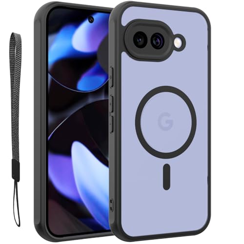for Google Pixel 9A Magnetic Case, Upgraded [with Lanyard Strap] [Full Camera Protection] [Compatible with Magsafe] Frosted Translucent Slim Thin Phone Case,for Google 9A case 6.3 Inch-Black