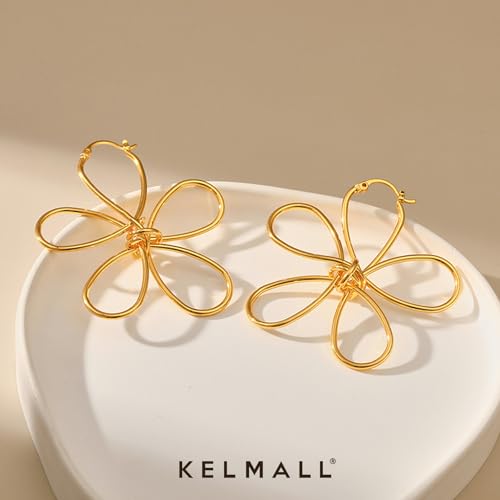 KELMALL 14K Gold Plated Large Flower Statement Earrings for Women – Big Floral Leaf Wing Design, Hypoallergenic Dangle Drop Piercing Earrings4