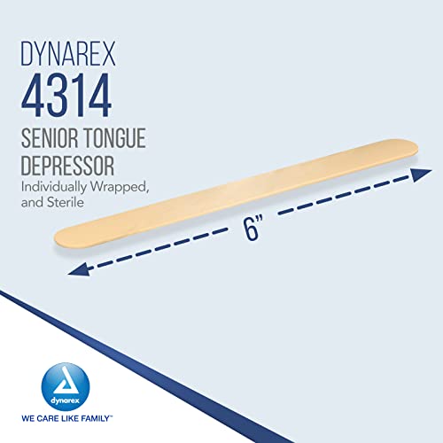 dynarex tongue depressors sterile 634 senior-sized length made from beige birch wood comes in peel-down patches 1 box of 100