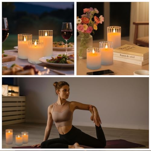 Image of LEDHOLYT Rechargeable Flameless Glass Pillar Candles - Remote & Timer - Set of 3 White Stripes Realistic Flickering LED Light, Ideal for Living Room, Bedroom & Holiday Decor& Gifts for Women