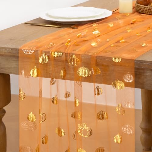 Image of Fall Pumpkin Table Runner Orange Sheer Gauze Foil Table Runner, 6PC