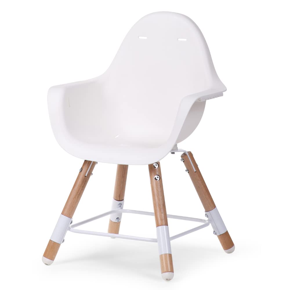 CHILDHOME, Chaise Haute Bébé/Enfant, Evolutive, Dès 6 mois, Réglable en Hauteur, Harnais 5 Points, Nombreux Accessoires, Compatible avec Transat Naissance Evolu, Bois de Hêtre, Evolu 2, Blanc
