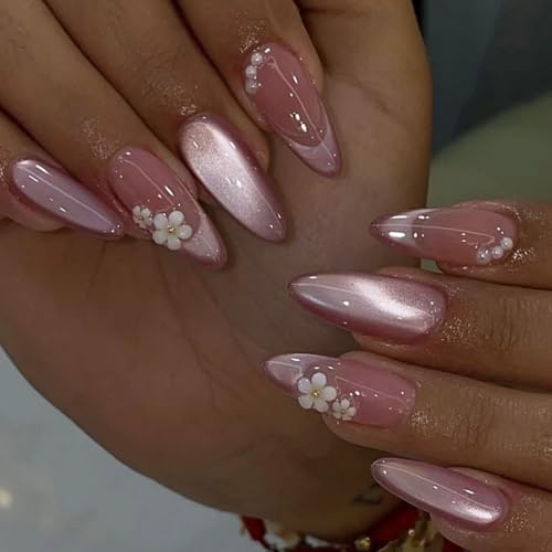 Image of Pink Press on Nails Almond Shape Glossy Full Cover Stick on Nails with Glitter Design Flower Fake Nail for Women Manicure 24Pcs