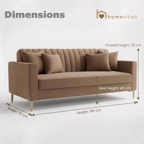 Image of Velum 3 Seater Sofa for Living Room & Office | Premium Fabric Upholstery | Solid Wood Frame | Comfortable Seating | 3 Years Warranty (Light Brown, 3 Seater Sofa)