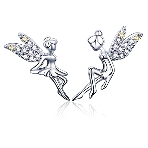 Qings Boucles D'oreilles Ange Gardien en Argent Sterling - Fée Elfe Goujons Vintage Oreille Poignets Fête Bal Mariage Anniversaire Porte-bonheur Bijoux Cadeau pour Les...