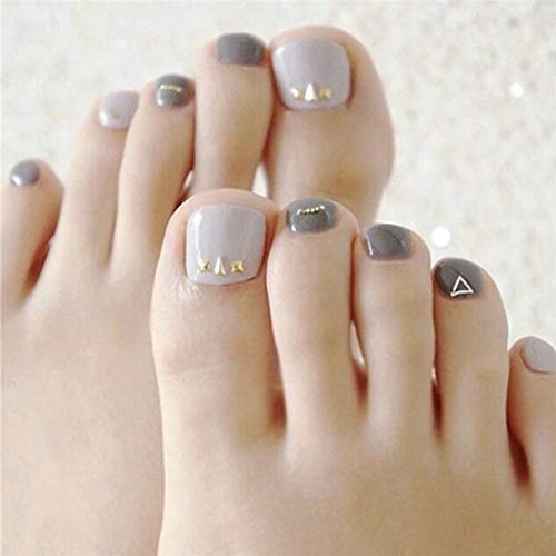 LittleB Glossy Fake Toe Nails Grey Short Geometric False Toenails Full Cover Acrylic Nail Art for Women and Girls(24pc)
