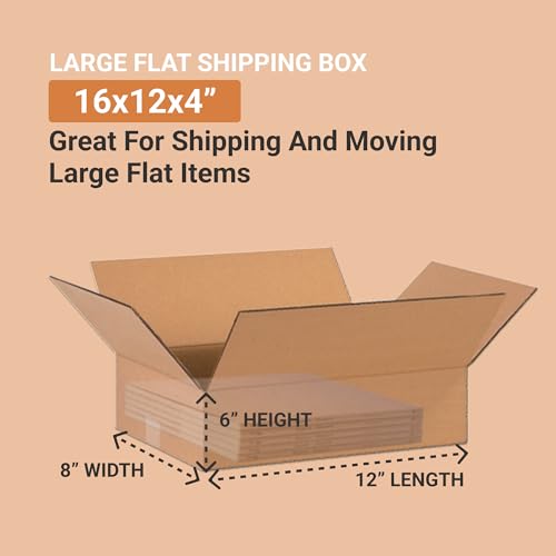 Image of BOX USA Shipping Boxes Flat 16 inchL x 12 inchW x 4 inchH 25-Pack - Corrugated Cardboard Box for Moving, Mailing, Packing, Packaging and Storage