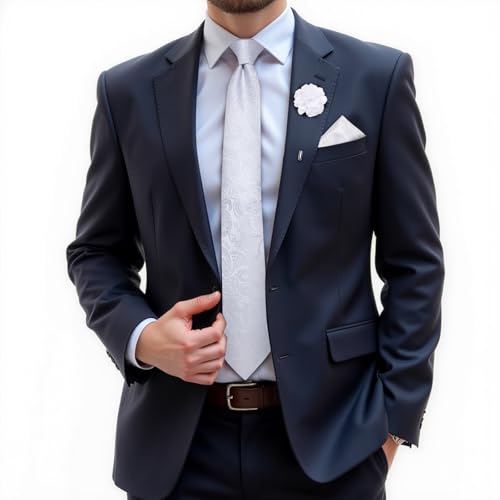 Image of DiBanGu Silk Ties for Men Necktie and Lapel Pin Brooch Set Formal Woven Paisley Plaid Striped Solid Tie Wedding Party