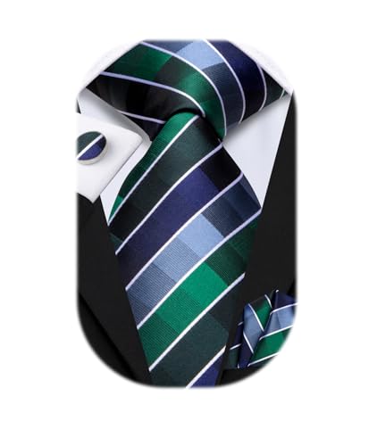 Image of Hi-Tie Silk Ties for Men Plaid Paisley Striped Necktie Pocket Square Cufflinks Set Formal Business