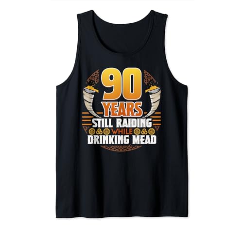 Cool Viking 90th Birthday Shirt with a Viking Drinking Horn for your husband, Father or Grandfather getting 90 years old. Perfect Birthday Present for every Fan of the Nordic Mythology. 
