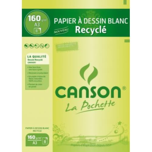 Pochette CansonPapier àDessin Blanc Recyclé A3 8 Feuilles 160G/m²