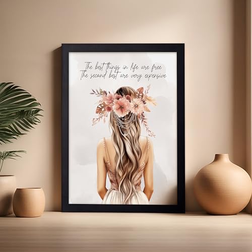 Image of Poster Master The Best Thing In Life Are Free Poster - Fashion Print - Trendy Art - Flower Art - Gift for Women & Fashionista - Funny Glamour Decor for Bedroom or Girl's Room, 16x20 Black Framed