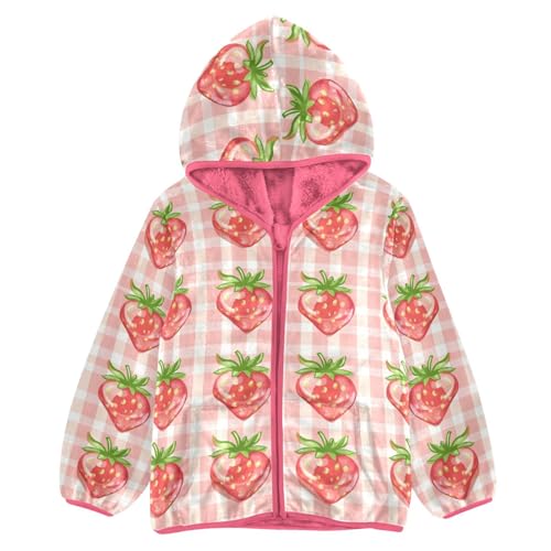 Strawberry Checkered Girls Fleece Jacket Girls Fall Jacket Girl Coats Zip Up Hoodie Children Sherpa Warm Outerwear 2-10T