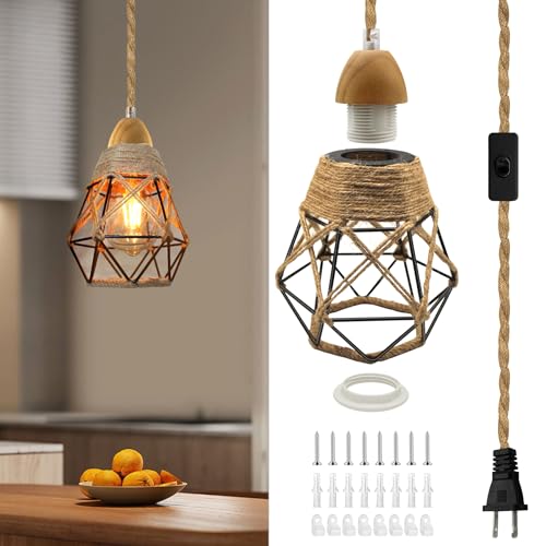 Industrial Hemp Rope Pendant Light Fittings, 16.7FT Vintage Wood Pendant