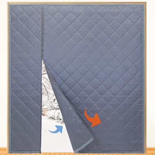 Reversible Wide Magnetic Thermal Insulated Door Curtain for Winter Thicken Polyester Fiberfill & Heavy Duty Oxford Cloth Temporary Window Insulation Cover Curtain for French Sliding Door 74x81 Grey