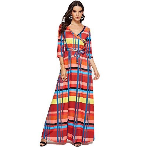 Preisvergleich Produktbild Freizeitkleider Für Damenfrauen Lässige Maxikleider V-Ausschnitt Langes Gestreiftes Kleid Weibliches Halbarm-Verbandkleid -A_XL