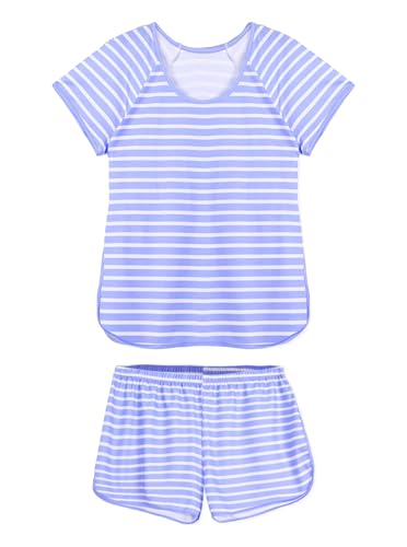 Image of Hilinker Women Striped Pajama Set Short Sleeve Top with Shorts Sleepwear Pjs 2 Piece Lounge Sets