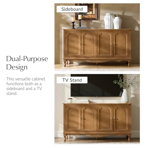 HULALA HOME Sideboard Buffet Cabinet with Storage, 58" Kitchen farmhouse Wood Credenza Storage Cabinet with 4 Doors and 2 Shelves, Accent Console Table with Solid Wood Legs & Adjustable Shelves, Acorn - Image 6
