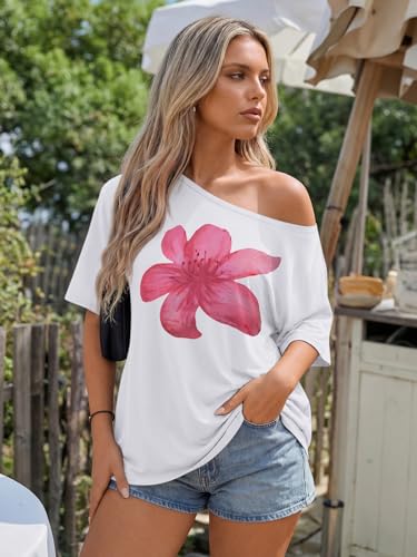 Image of Trendy Queen Womens Off the Shoulder Tops Oversized Summer T-Shirts 2026 | Breathable Strenchy Comfort Material Short Sleeve Basic Oversized Tees Casual Workout Gym Y2k Going Out Clothes
