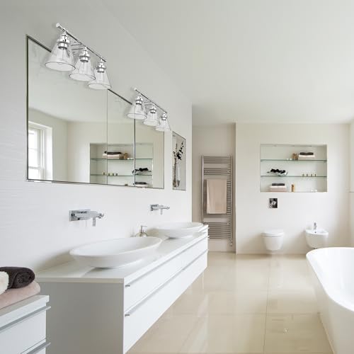 Image of Globe Electric 51234 5-Piece All-in-One Bathroom Set, Chrome, 23 inch 3-Light Vanity Wall Light with Clear Glass Shades, Towel Bar and Ring, Robe Hook, Toilet Paper Holder, Beauty Room Accessories