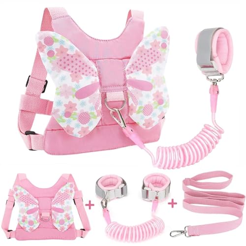 Mochila infantil com coleira de segurança mochila anti-perambulação mochila com coleira de segurança mochilas anti-perambulação (Borboleta rosa, 20.5cm*18cm)