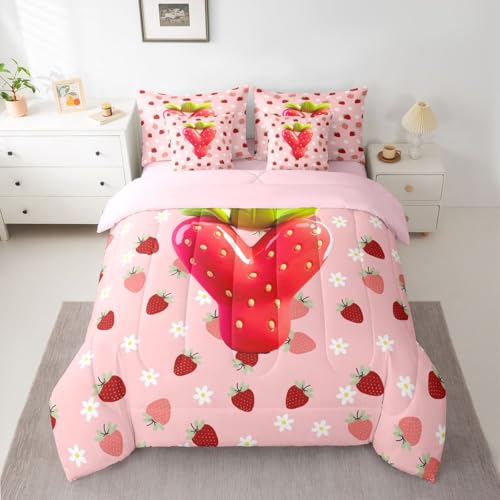 Image of Feelyou Girls Strawberry Comforter Set with Sheets 7 Piece Full Size Pink Strawberry Bedding Set for Kids Boys Girls Initial Letter Y Bed in a Bag Room Decor Soft Lightweight Microfiber