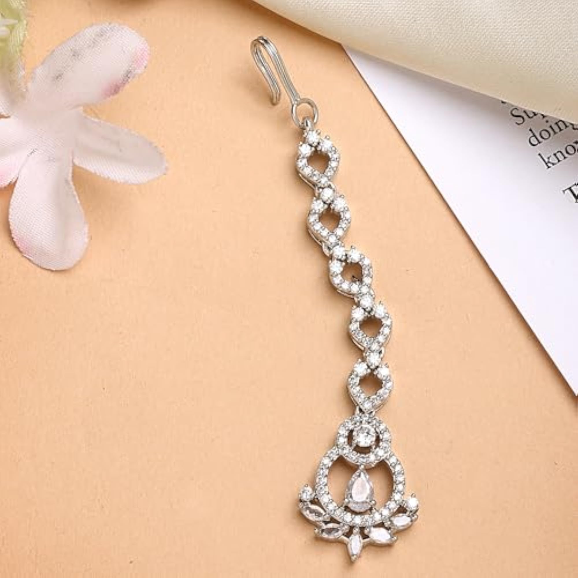 Rhodium Plated Cascaded American Diamond Mangtikka, Elegant Design