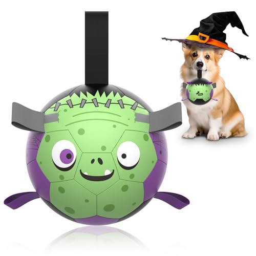 Image of QDAN Halloween Dog Toys, Dog Soccer Balls with Straps, Outdoor Dog Toys | Dog Balls, Herding Balls Toys for Small Medium Dogs, Puppy Pet Birthday Gifts, 6 Inch Purple Green