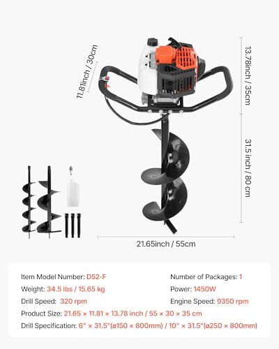 Image of VEVOR Gas Powered Post Hole Digger, 52cc Post Hole Auger with 6 inch & 10 inch Bits, 3 Extension Rods, 1450W Heavy-Duty Earth Auger for Fence Posts, Deck /Pergola Posts, Plant /Tree Planting, EPA Listed