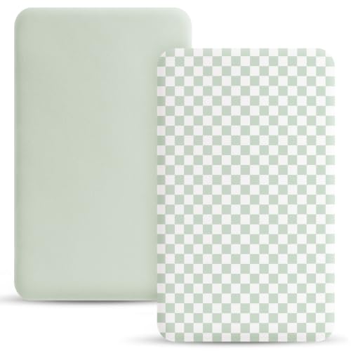 Bearmoss Baby Bassinet Fitted Sheets 50 x 90 cm, Set of 2, Breathable Elasticity Microfibre Bed Sheet, Pram Mattress Protector, Fitted Sheet for Prams (Green Chequered, 50 x 90 cm)