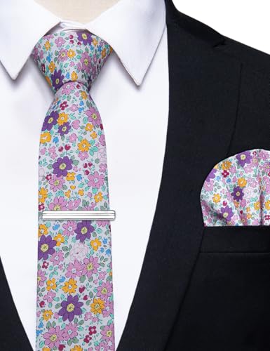 Image of YourTies Cotton Floral Tie for Men 2.5 inch Printed Skinny Necktie Pocket Square Tie Clip Set Flower Wedding Party Groom