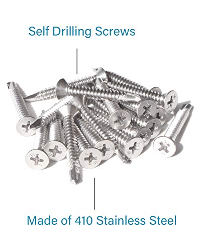 Image of IMScrews 25pcs #14 x 1-1 /2 inch Stainless Flat Head Phillips Self Drilling Screws, 410 Stainless Steel Full Thread Sheet Metal Tek Wood to Metal Screws