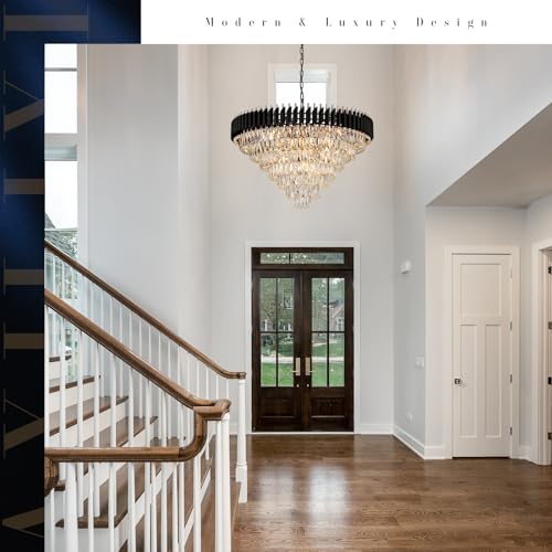 Image of Modern Black and Gold Crystal Chandelier 35 inch Large Light for High Ceiling