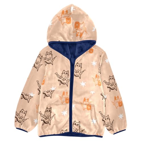Cartoon Cat Playing Guitar Girls Fleece Jacket Girls Fall Jacket Girls Zip Up Hoodie Girls Sherpa Jacket 2-10T
