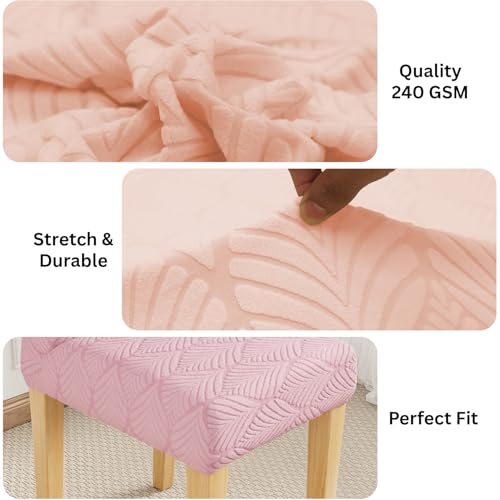 Image of Lukzer Elastic Dining Chair Cover - 2PC Pastel Pink Leaf Trail | Textured High Stretch Jacquard Seat Cover | Removable Washable Short Dining Chair Cover Protector Seat Slipcover | (CC-129-02)