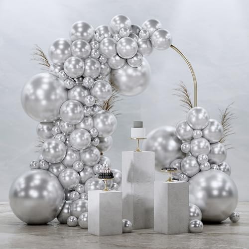 Image of PartyWoo Silver Balloons 145 pcs Different Sizes of 18 12 10 5 Inch Silver Balloon Arch Kit Garland for Birthday Graduation Bachelorette Engagement Bridal Shower Wedding Party Decorations Silver-G102
