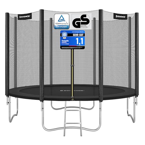 SONGMICS Trampolin 366 cm Gartentrampolin für Kinder mit Sicherheitsnetz Randabdeckung Leiter 180 cm hohe gerade Stangen Stahlrahmen schwarz STR121BZ01