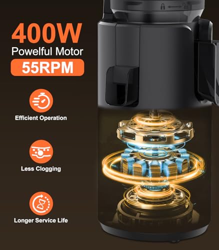 Juicer Machines, 5.3" Large Feed Chute Cold Press Juicer with Double Press Technology, 400W Motor, High Juice Yield, Easy to Clean, Masticating Juicer for Whole Vegetables & Fruits, Black - Image 6