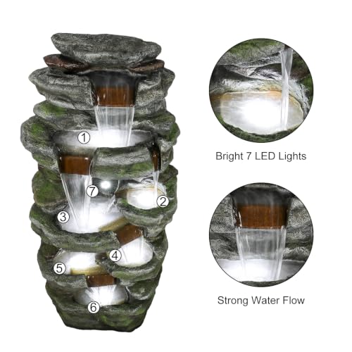 Image of SunJet 47.2 inch High Multi-Tiers Cascading Rock Outdoor Water Fountain with LED Lights - Large Outdoor Fountains and Waterfalls for Garden or Patio, Yard, and Deck Decor, Featuring Natural Stone Look