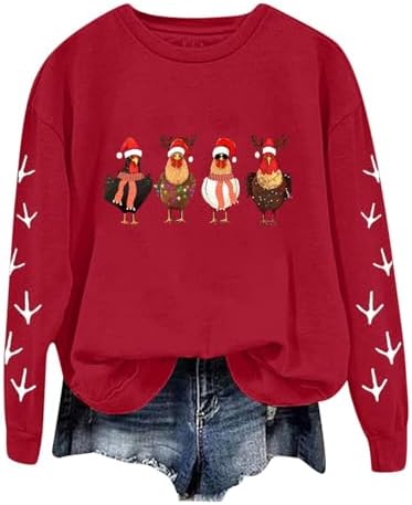Chicken Sweatshirts For Women Christmas Cute Chickens Xmas Hat Crewneck Casual Pullover Funny Trendy Holiday Fall Tops
