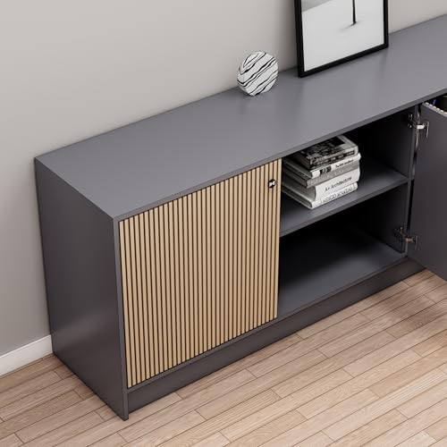 Image of Bniture Luxe Storage Cabinet for Living Room | Wooden Sideboard Cabinet with 3 Door & 3D Textured | Multipurpose Storage Cabinet Organizer for Home Hallway, Bedroom & Kitchen | Grey & Giant Wood
