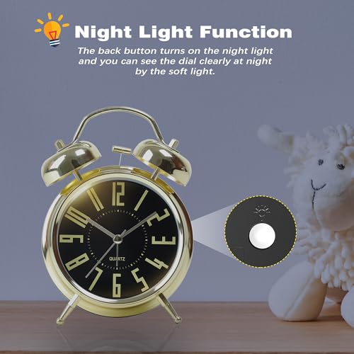 Image of AYRELY Super Loud Alarm Clock for Heavy Sleepers Adults,Twin Bell Retro 4 Inch Silent Non-Ticking Quartz with Backlight, Metal dial, Alarm Clocks for Bedrooms Bedside(Gold- Black)