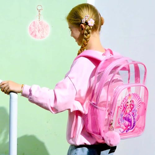 Image of AGSDON 3PCS Clear Backpack for Girls, Kids Mermaid Transparent Bookbag Heavy Duty, Cute See Through Backpacks with Lunch Bag - Pink