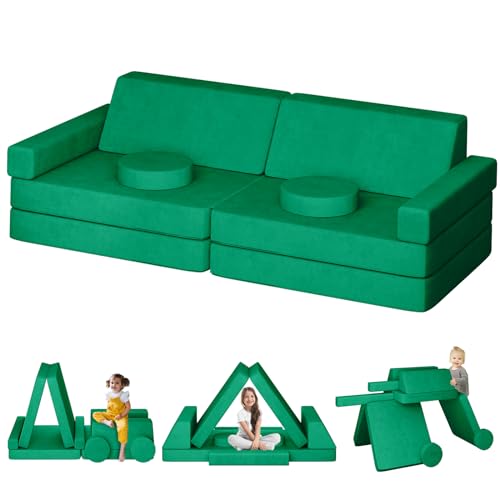 linor Kids Couch 10Pcs, 65.4" x 32.6" Modular Kids Play Couch for Playroom Bedroom, Multifunctional Modular Toddler Couch, Over 10 Combinations Creative Sofa for Imaginative Kids (Green)