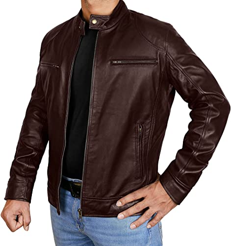 Mens vintage cafe racer retro biker brown motorcycle ri…