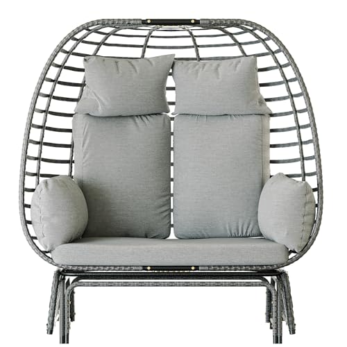 Gurexl Chaise double œuf pour 2 personnes, panier à œufs à bascule en osier avec coussins résistants aux UV et appuie-têtes, chaise longue surdimensionnée avec cadre en métal, capacité de 272,2 kg