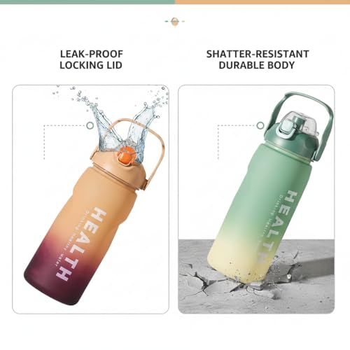 Image of 3.3 Liters Large Water Bottle With Straw & Handle, Sport Canteen Bottle With Time Marking, Leakproof Gym Water Bottle For Women & Men - Multicolor - Plastic (Green)