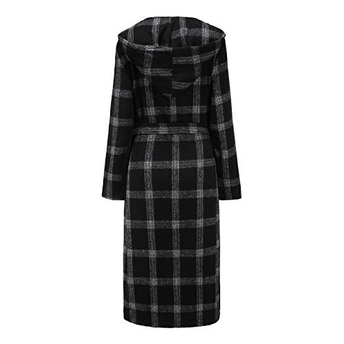 SPE969 Hooded Jacket Women\'s Plaid Trench Coat Winter Slim Long Woolen Overcoat Lapel Windbreaker,Black,L